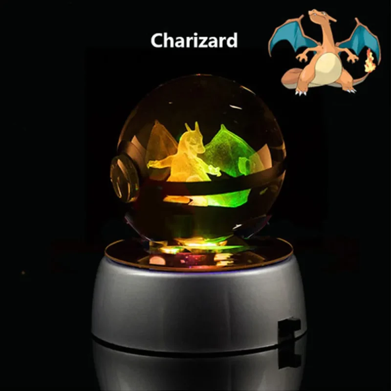 Pokemon 3D Crystal Ball Pikachu Figure Pokeball Engraving Crystal Charizard Model with Led Light Base Toys 4