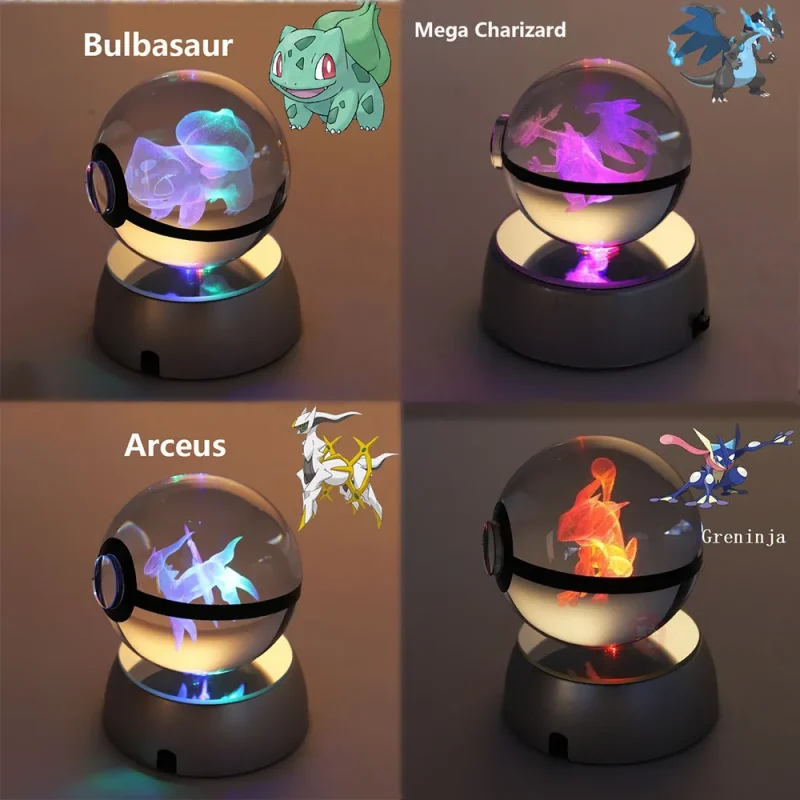 Pokemon 3D Crystal Ball Pikachu Figure Pokeball Engraving Crystal Charizard Model with Led Light Base Toys