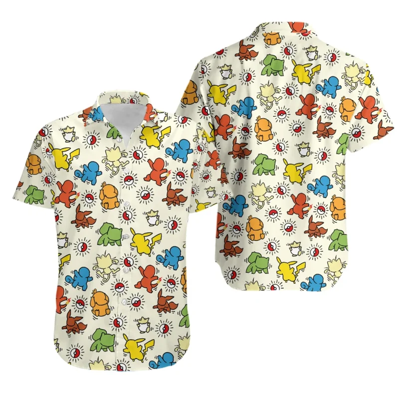 Pokemon Jenny Turtle Men and Children Shirt Squirtle Fun Ice Blue Pattern Hawaiian Button Shirt 1