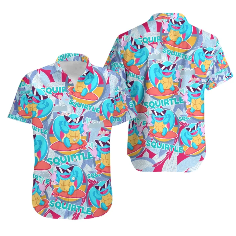 Pokemon Jenny Turtle Men and Children Shirt Squirtle Fun Ice Blue Pattern Hawaiian Button Shirt 2