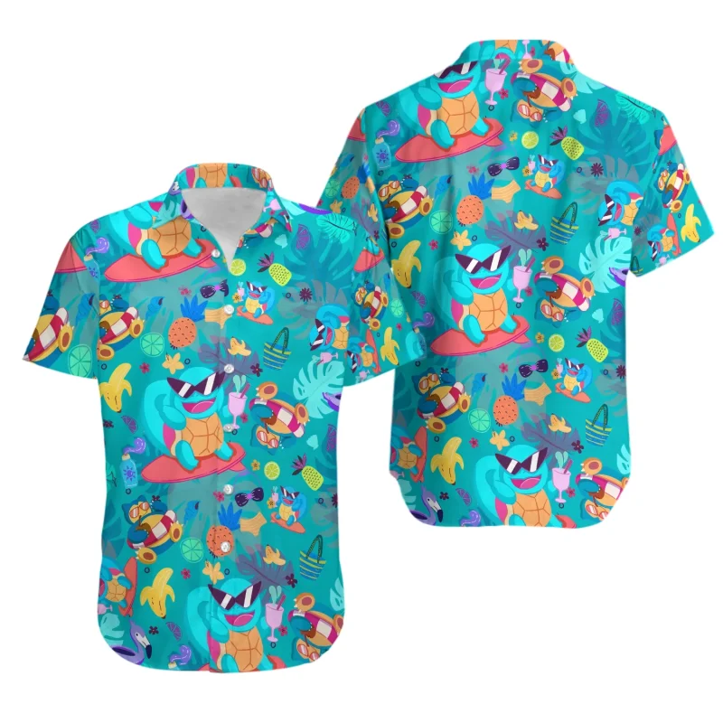 Pokemon Jenny Turtle Men and Children Shirt Squirtle Fun Ice Blue Pattern Hawaiian Button Shirt 3