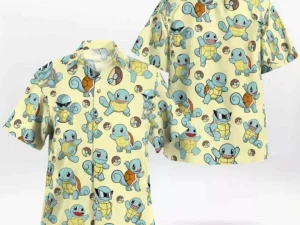 Pokemon Jenny Turtle Men and Children Shirt Squirtle Fun Ice Blue Pattern Hawaiian Button Shirt