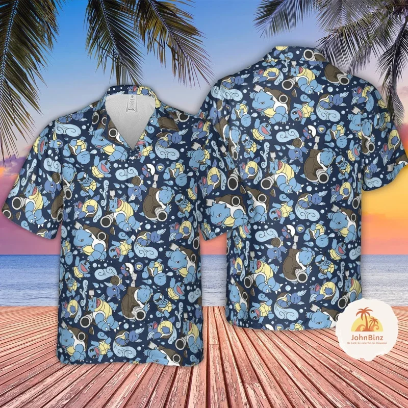 Pokemon Jenny Turtle Men and Children Shirt Squirtle Fun Ice Blue Pattern Hawaiian Button Shirt 4