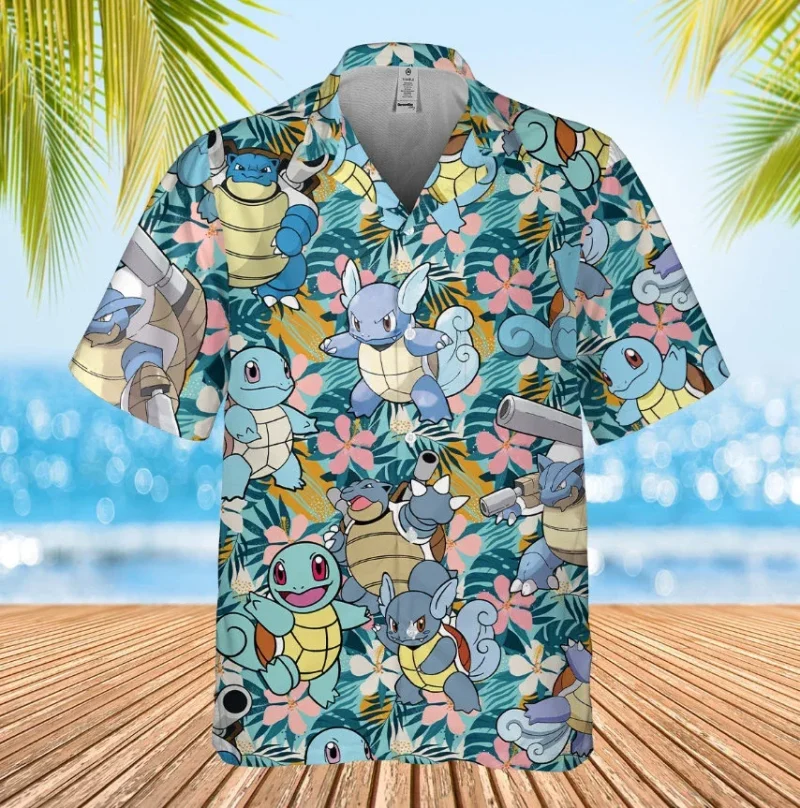 Pokemon Jenny Turtle Men and Children Shirt Squirtle Fun Ice Blue Pattern Hawaiian Button Shirt 5