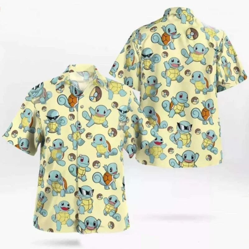 Pokemon Jenny Turtle Men and Children Shirt Squirtle Fun Ice Blue Pattern Hawaiian Button Shirt